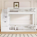 ModernLuxe Twin over Twin Floor Bunk Bed, Wooden Bed Frame with Storage Ladder