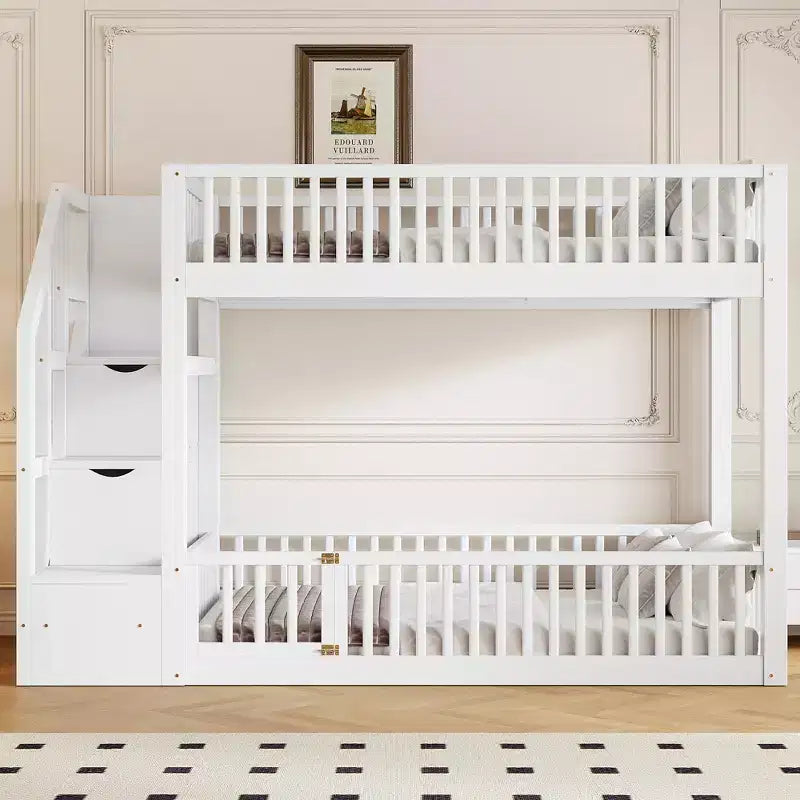 ModernLuxe Twin over Twin Floor Bunk Bed, Wooden Bed Frame with Storage Ladder