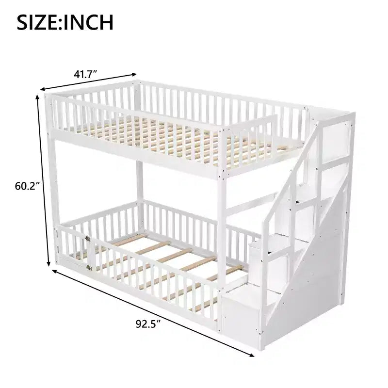 ModernLuxe Twin over Twin Floor Bunk Bed, Wooden Bed Frame with Storage Ladder