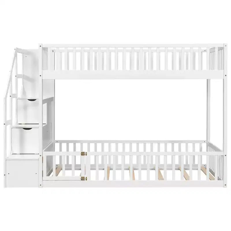 ModernLuxe Twin over Twin Floor Bunk Bed, Wooden Bed Frame with Storage Ladder