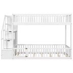 ModernLuxe Twin over Twin Floor Bunk Bed, Wooden Bed Frame with Storage Ladder