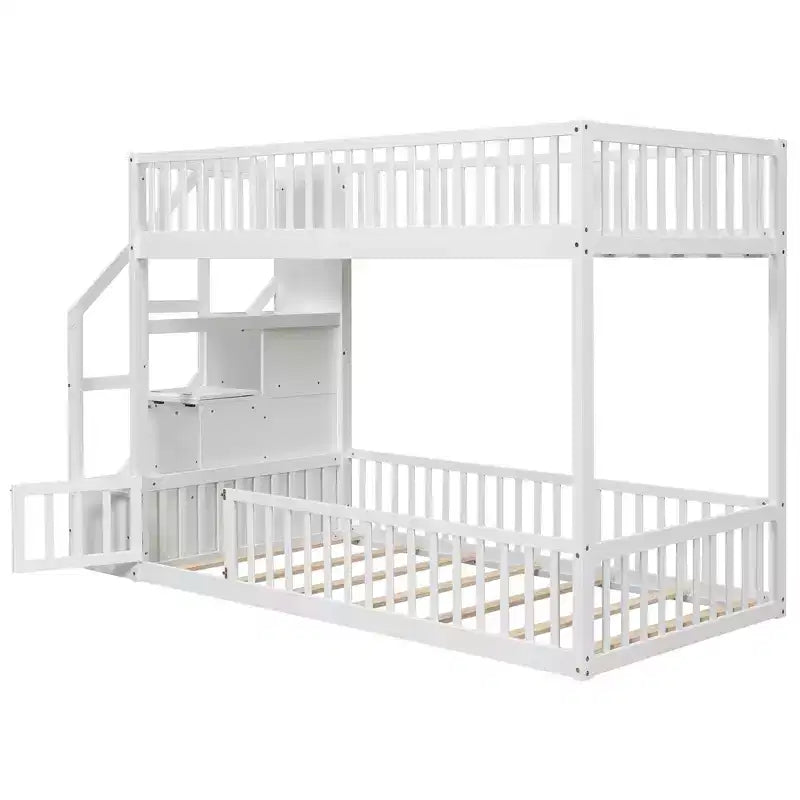 ModernLuxe Twin over Twin Floor Bunk Bed, Wooden Bed Frame with Storage Ladder