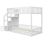 ModernLuxe Twin over Twin Floor Bunk Bed, Wooden Bed Frame with Storage Ladder