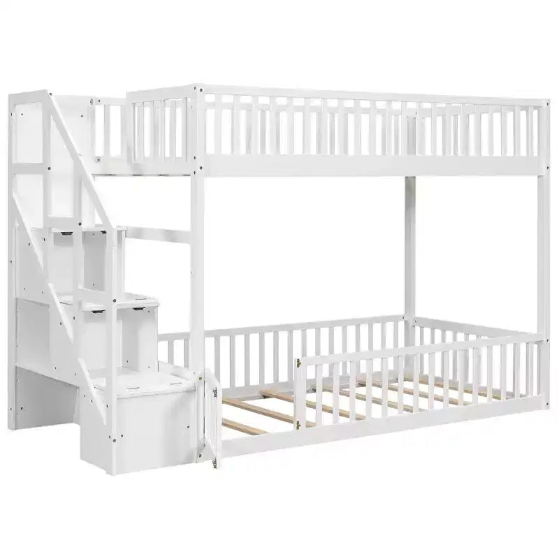 ModernLuxe Twin over Twin Floor Bunk Bed, Wooden Bed Frame with Storage Ladder