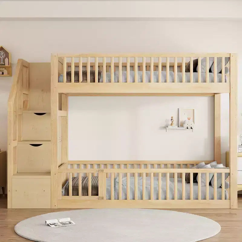 ModernLuxe Twin over Twin Floor Bunk Bed, Wooden Bed Frame with Storage Ladder