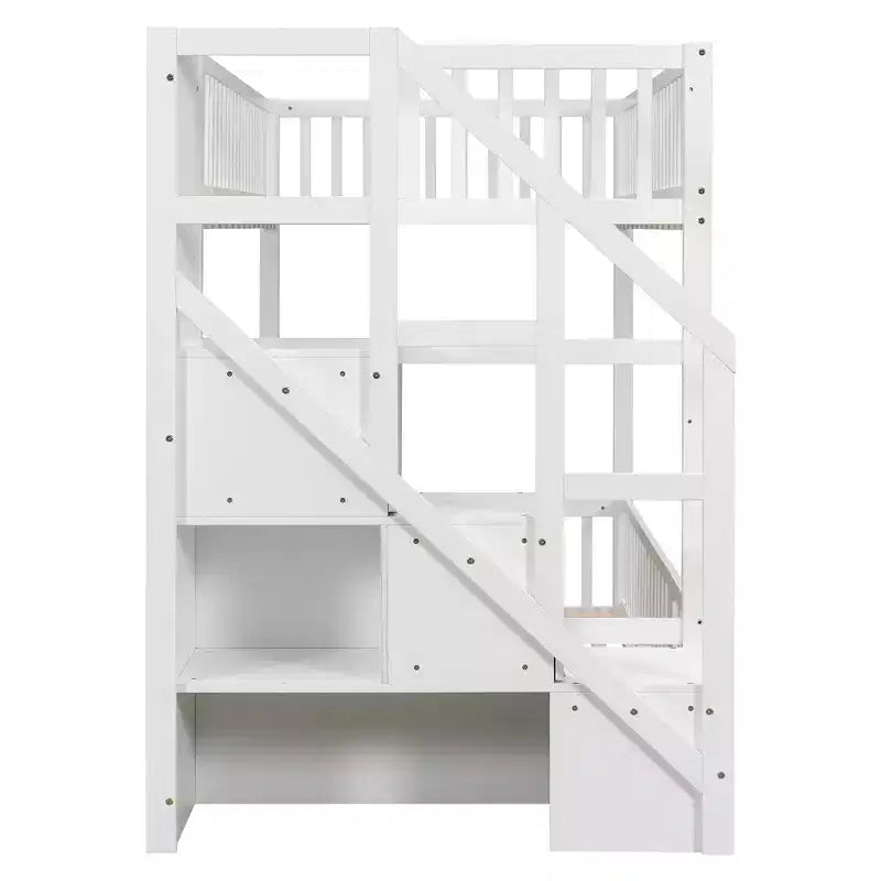 ModernLuxe Twin over Twin Floor Bunk Bed, Wooden Bed Frame with Storage Ladder