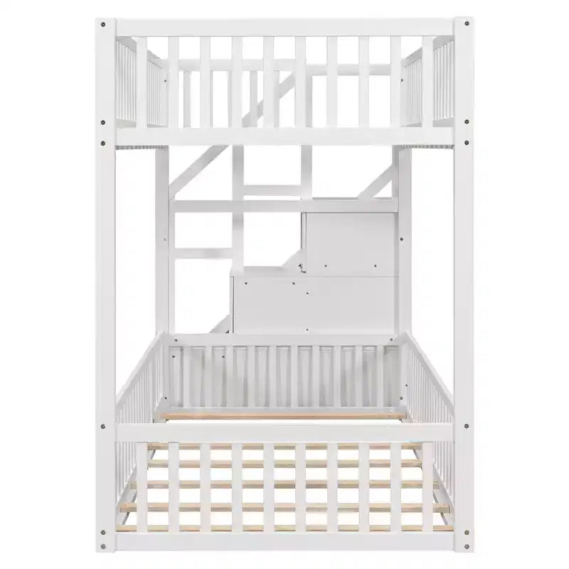 ModernLuxe Twin over Twin Floor Bunk Bed, Wooden Bed Frame with Storage Ladder