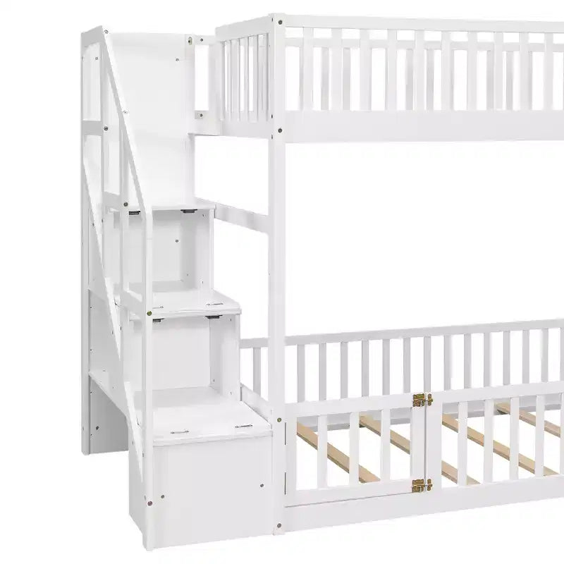 ModernLuxe Twin over Twin Floor Bunk Bed, Wooden Bed Frame with Storage Ladder