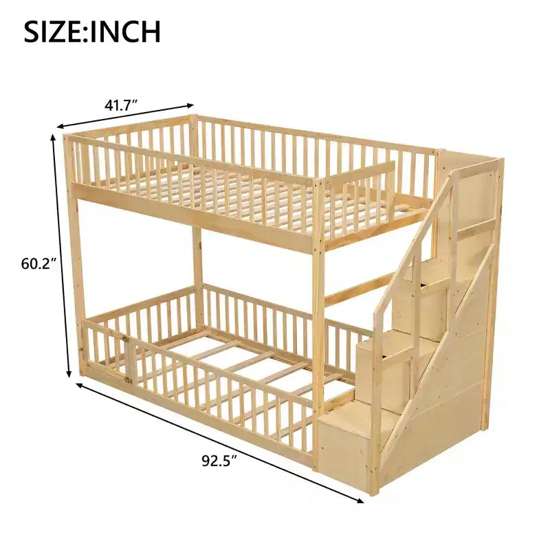 ModernLuxe Twin over Twin Floor Bunk Bed, Wooden Bed Frame with Storage Ladder
