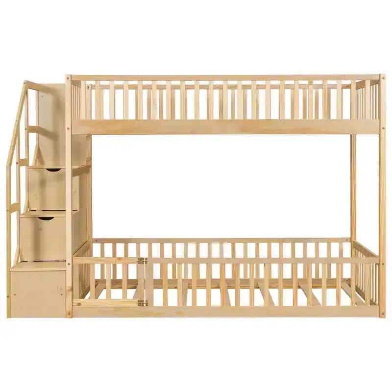 ModernLuxe Twin over Twin Floor Bunk Bed, Wooden Bed Frame with Storage Ladder
