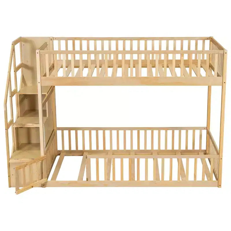 ModernLuxe Twin over Twin Floor Bunk Bed, Wooden Bed Frame with Storage Ladder