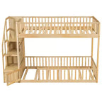ModernLuxe Twin over Twin Floor Bunk Bed, Wooden Bed Frame with Storage Ladder