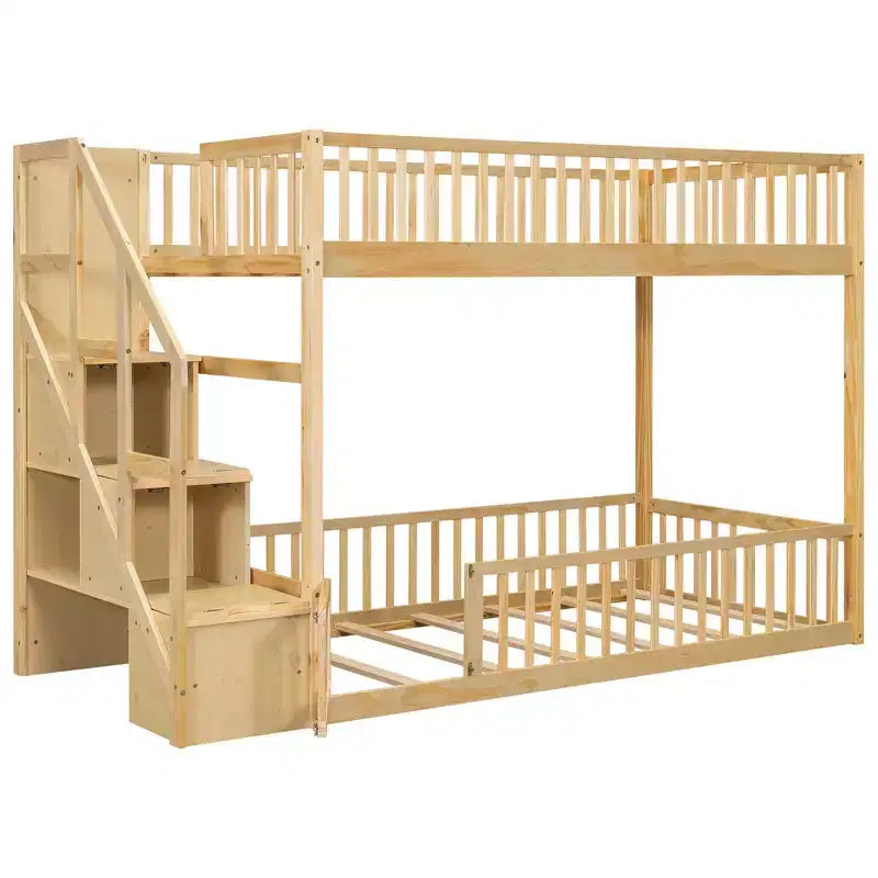 ModernLuxe Twin over Twin Floor Bunk Bed, Wooden Bed Frame with Storage Ladder