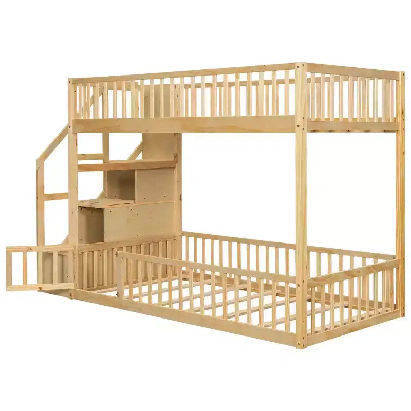 ModernLuxe Twin over Twin Floor Bunk Bed, Wooden Bed Frame with Storage Ladder