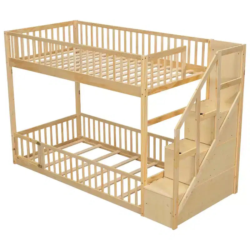 ModernLuxe Twin over Twin Floor Bunk Bed, Wooden Bed Frame with Storage Ladder