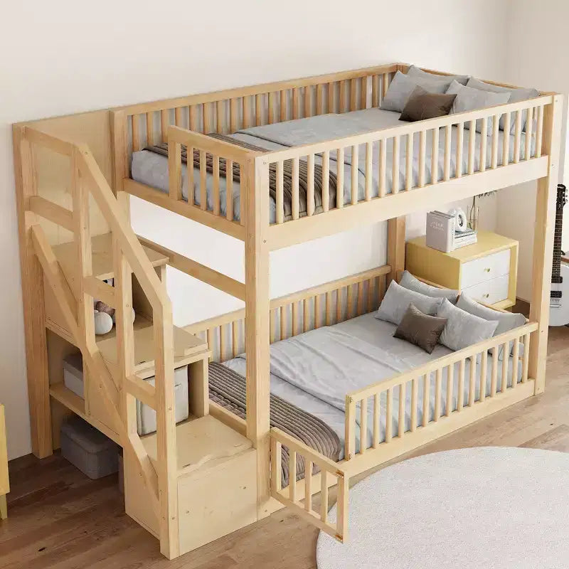 ModernLuxe Twin over Twin Floor Bunk Bed, Wooden Bed Frame with Storage Ladder