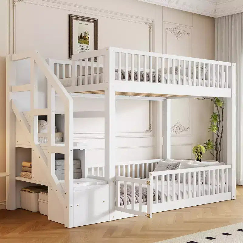 ModernLuxe Twin over Twin Floor Bunk Bed, Wooden Bed Frame with Storage Ladder
