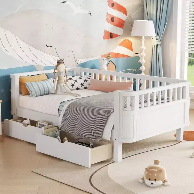 Okak Twin/Full Safe Profile Platform Bed Frame with Storage & Detachable Fence,Modern Student Bed for Bedroom,Kids Room