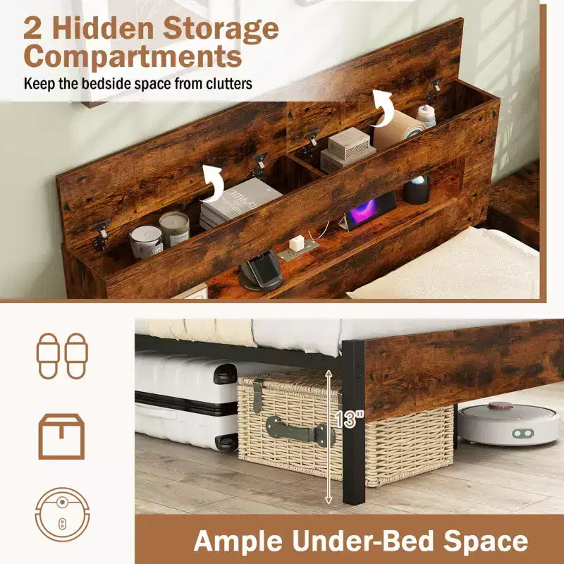 Costway Full Bed Frame with LED Lights Storage Headboard Power Outlets Strong Metal Support