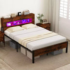 Costway Full Bed Frame with LED Lights Storage Headboard Power Outlets Strong Metal Support