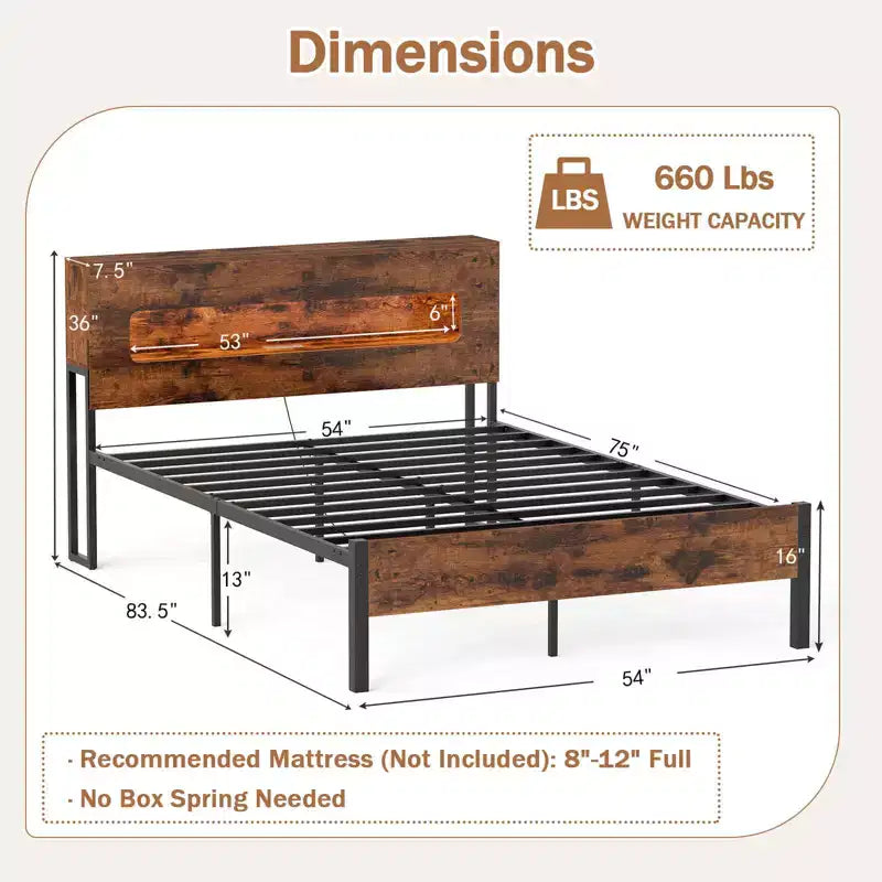 Costway Full Bed Frame with LED Lights Storage Headboard Power Outlets Strong Metal Support