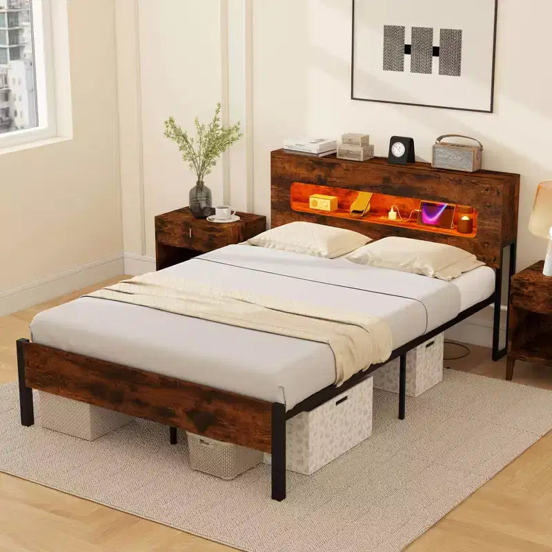 Costway Full Bed Frame with LED Lights Storage Headboard Power Outlets Strong Metal Support