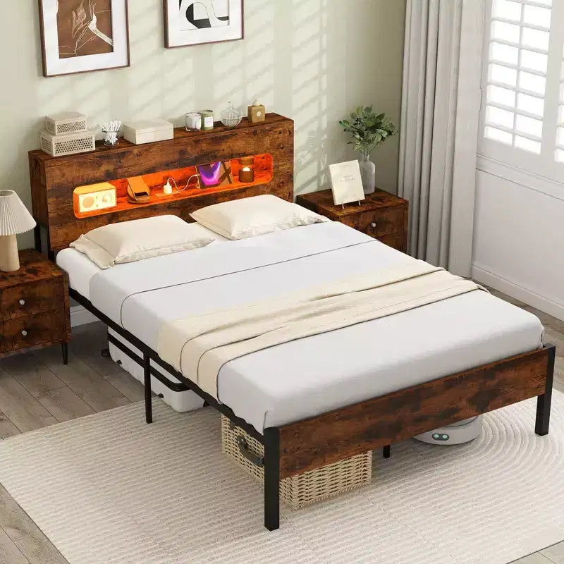 Costway Full Bed Frame with LED Lights Storage Headboard Power Outlets Strong Metal Support