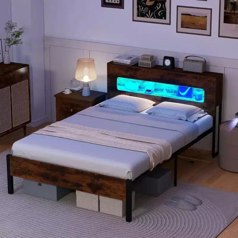 Costway Full Bed Frame with LED Lights Storage Headboard Power Outlets Strong Metal Support