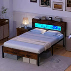 Costway Full Bed Frame with LED Lights Storage Headboard Power Outlets Strong Metal Support