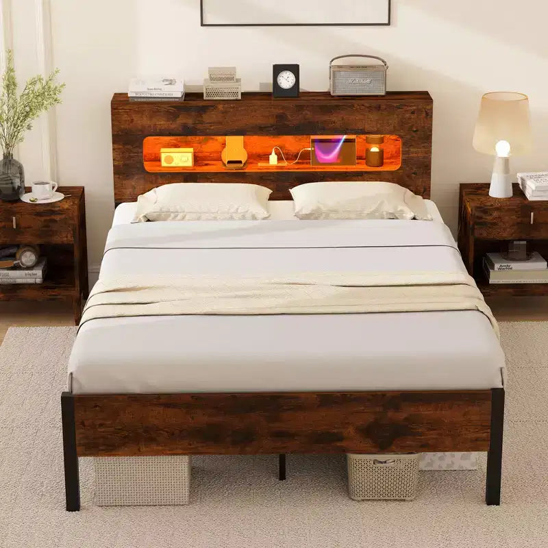 Costway Full Bed Frame with LED Lights Storage Headboard Power Outlets Strong Metal Support