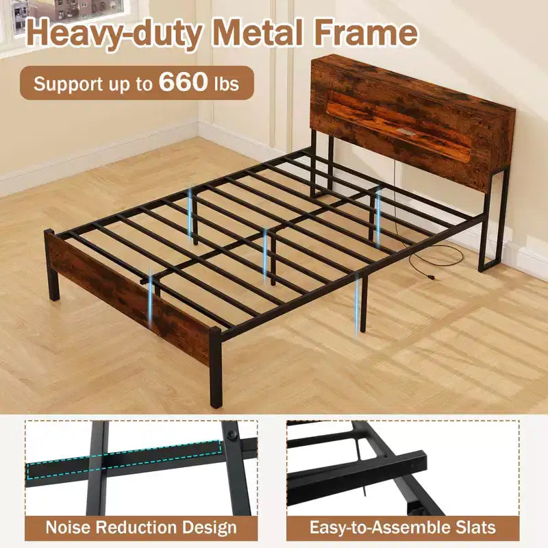 Costway Full Bed Frame with LED Lights Storage Headboard Power Outlets Strong Metal Support