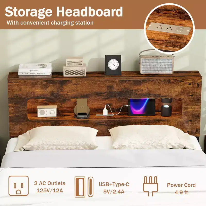 Costway Full Bed Frame with LED Lights Storage Headboard Power Outlets Strong Metal Support