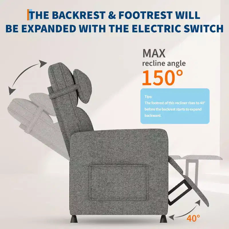 Recliner Chair - Adjustable Recliner Sofa, Overstuffed Ergonomic Design, Tall Back, 2 Side Pockets, for Living Room