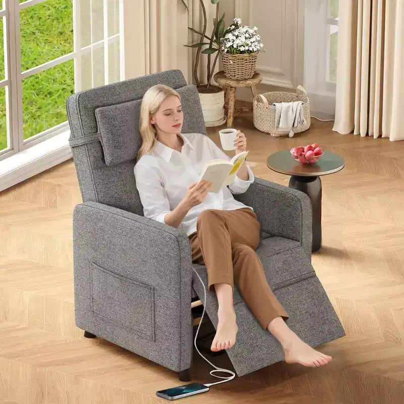Recliner Chair - Adjustable Recliner Sofa, Overstuffed Ergonomic Design, Tall Back, 2 Side Pockets, for Living Room
