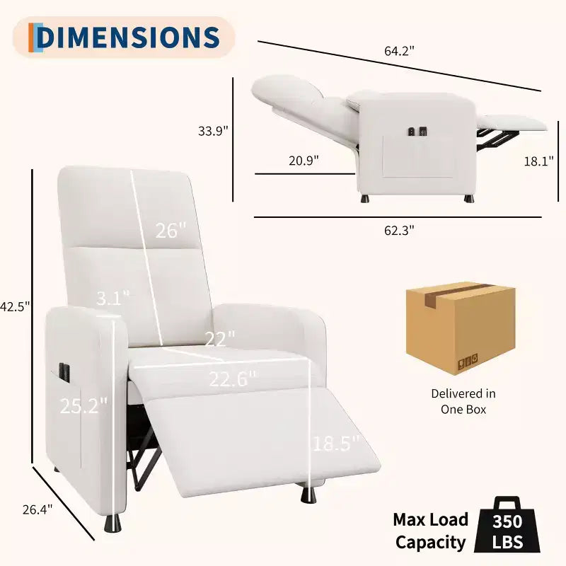 Recliner Chair - Adjustable Recliner Sofa, Overstuffed Ergonomic Design, Tall Back, 2 Side Pockets, for Living Room