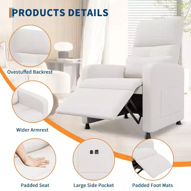 Recliner Chair - Adjustable Recliner Sofa, Overstuffed Ergonomic Design, Tall Back, 2 Side Pockets, for Living Room