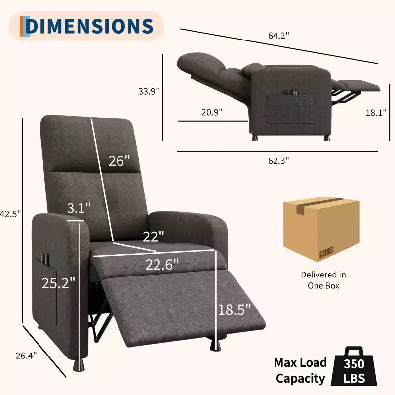Recliner Chair - Adjustable Recliner Sofa, Overstuffed Ergonomic Design, Tall Back, 2 Side Pockets, for Living Room