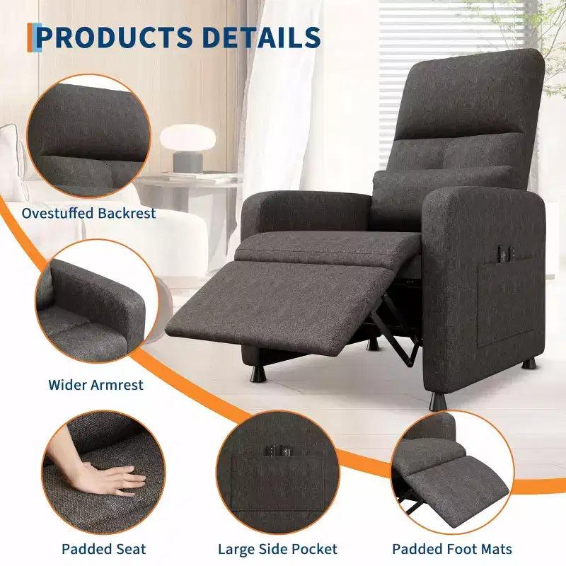 Recliner Chair - Adjustable Recliner Sofa, Overstuffed Ergonomic Design, Tall Back, 2 Side Pockets, for Living Room
