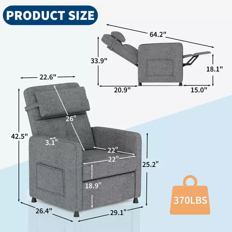 Recliner Chair - Adjustable Recliner Sofa, Overstuffed Ergonomic Design, Tall Back, 2 Side Pockets, for Living Room