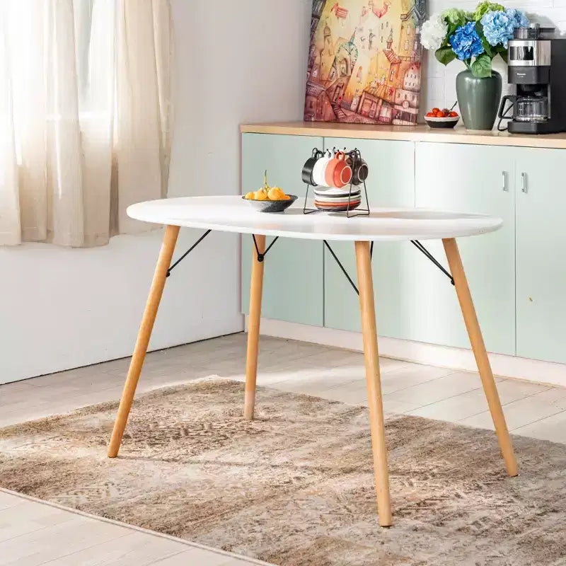 FurnitureR Modern 47.2 Inch Oval Dining Table for 4-6 People, Functional White Table with Wooden Legs for Home Office Kitchen Dining Room Patio