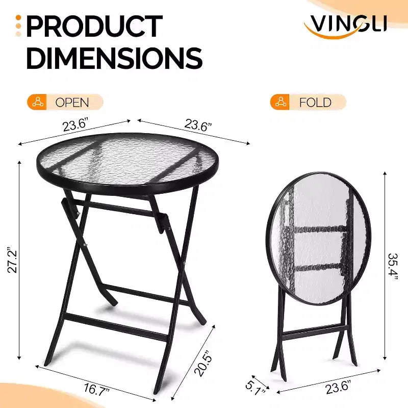 VINGLI Folding Glass Outdoor Side Table, 23.6 Inches Small Foldable Patio Bistro Table with Tempered Glass Table Top,Round