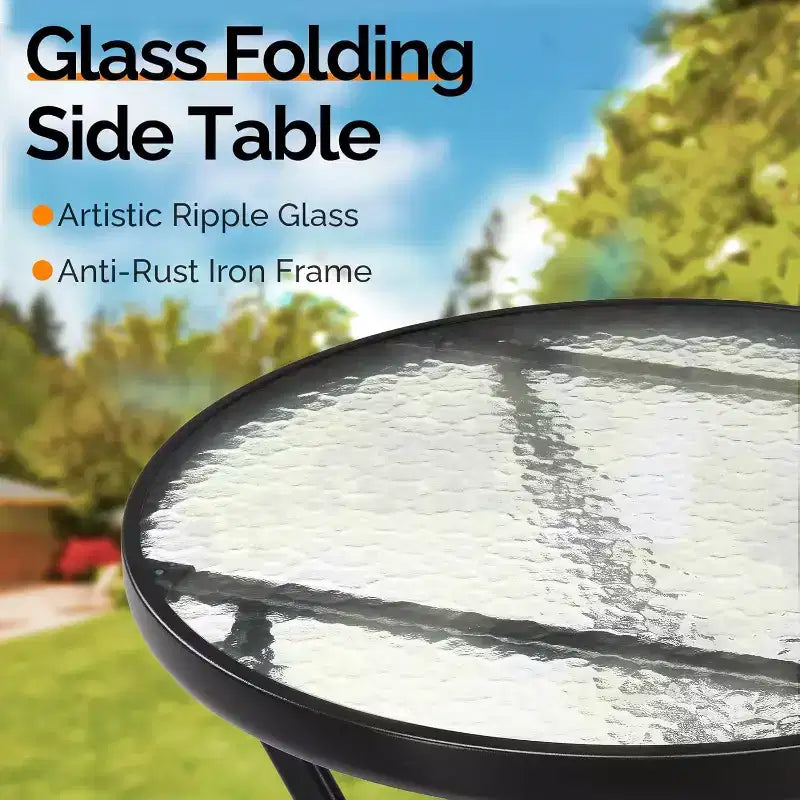 VINGLI Folding Glass Outdoor Side Table, 23.6 Inches Small Foldable Patio Bistro Table with Tempered Glass Table Top,Round