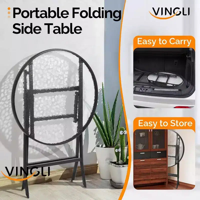 VINGLI Folding Glass Outdoor Side Table, 23.6 Inches Small Foldable Patio Bistro Table with Tempered Glass Table Top,Round