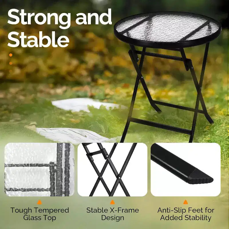 VINGLI Folding Glass Outdoor Side Table, 23.6 Inches Small Foldable Patio Bistro Table with Tempered Glass Table Top,Round