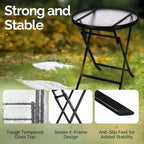 VINGLI Folding Glass Outdoor Side Table, 23.6 Inches Small Foldable Patio Bistro Table with Tempered Glass Table Top,Round