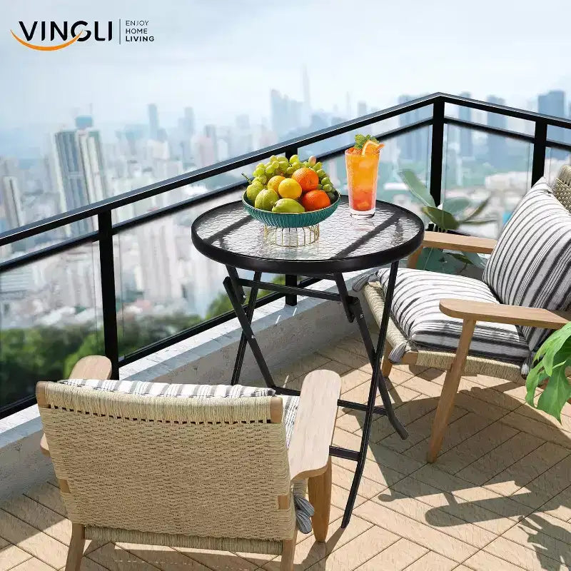 VINGLI Folding Glass Outdoor Side Table, 23.6 Inches Small Foldable Patio Bistro Table with Tempered Glass Table Top,Round