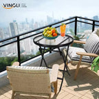VINGLI Folding Glass Outdoor Side Table, 23.6 Inches Small Foldable Patio Bistro Table with Tempered Glass Table Top,Round