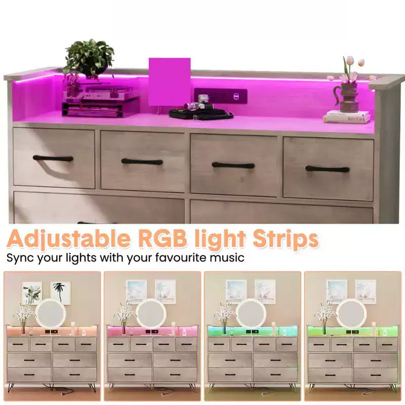 Storage cabinet, 8 drawer dresser with LED lights and charging station, wooden chest of drawers, open space, entryway, living room storage organizer