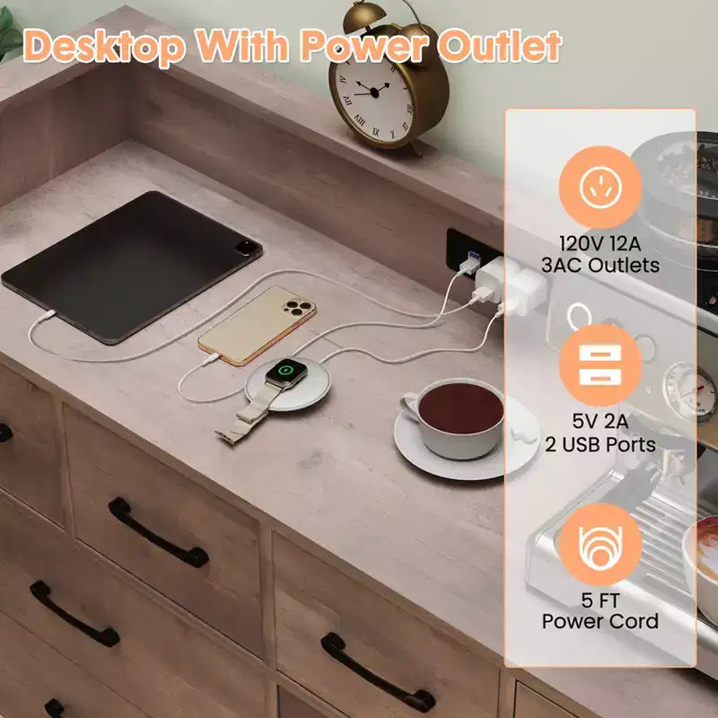 Storage cabinet, 8 drawer dresser with LED lights and charging station, wooden chest of drawers, open space, entryway, living room storage organizer