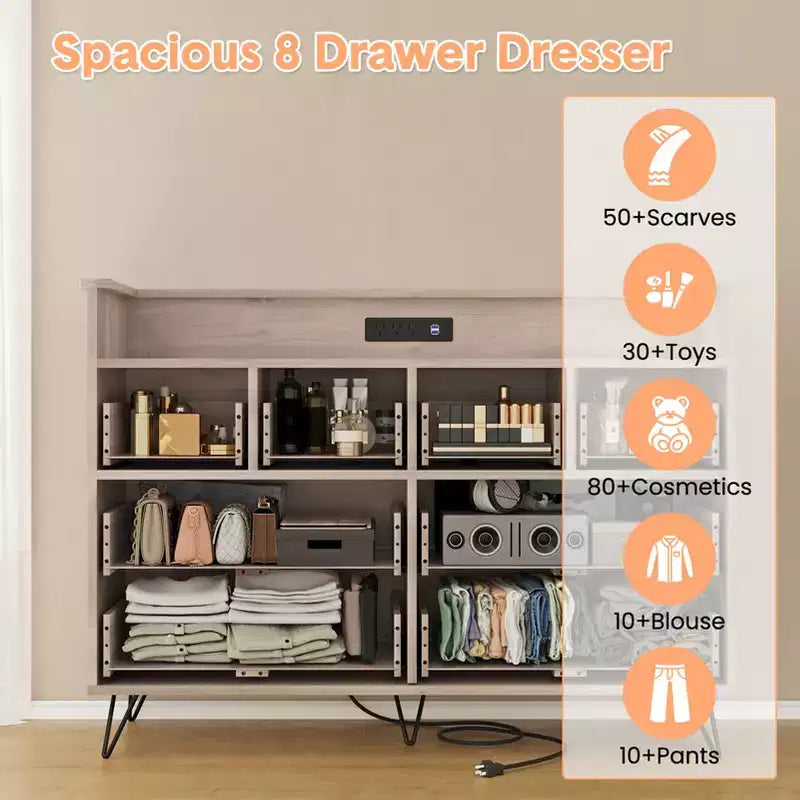 Storage cabinet, 8 drawer dresser with LED lights and charging station, wooden chest of drawers, open space, entryway, living room storage organizer